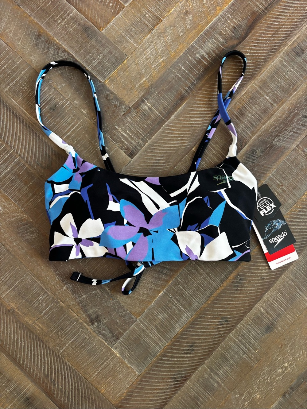 Speedo Eco Flex Floral Bikini Top Spaghetti Adjustable Strap B Cup S Black